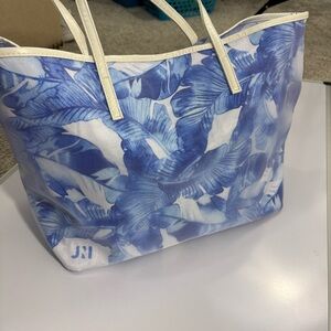 Blue Floral Tote Bag with round beach towel and more